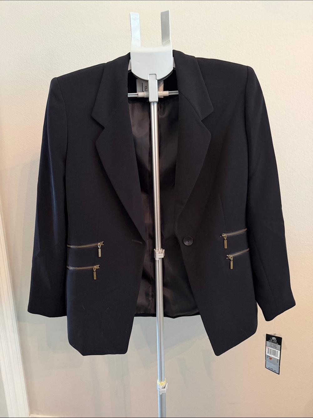 Le Suit Black Blazer with Gold Zip Pocket Accents